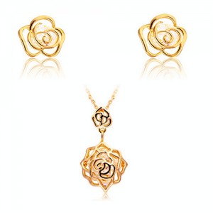 Gold Rose Necklace Earrings 